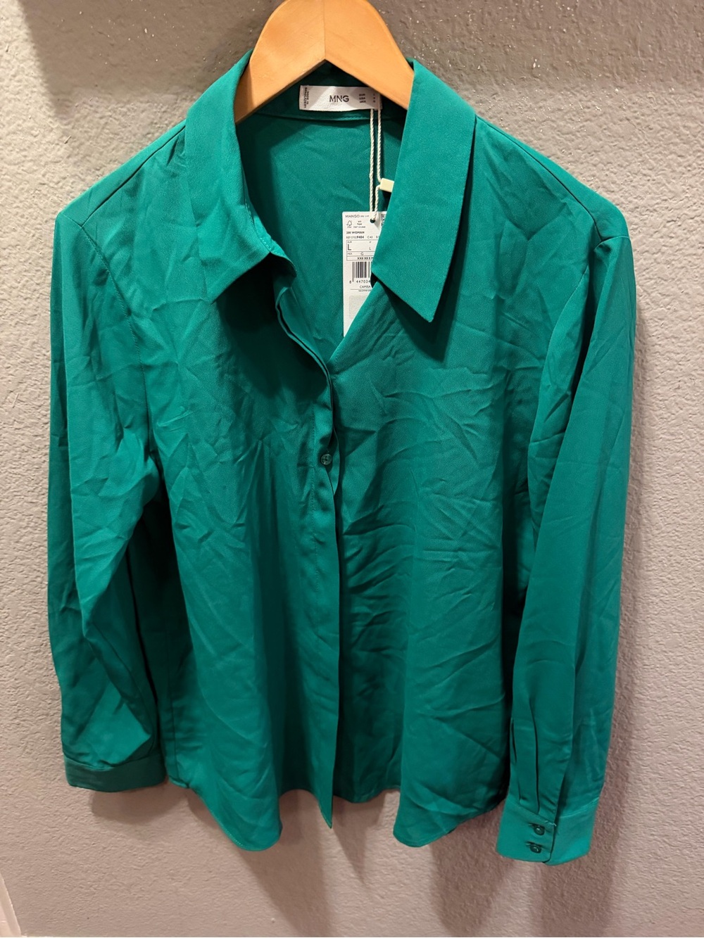 MNG Mango Emerald Green Button-Up Blouse NWT Women’s Large office chic